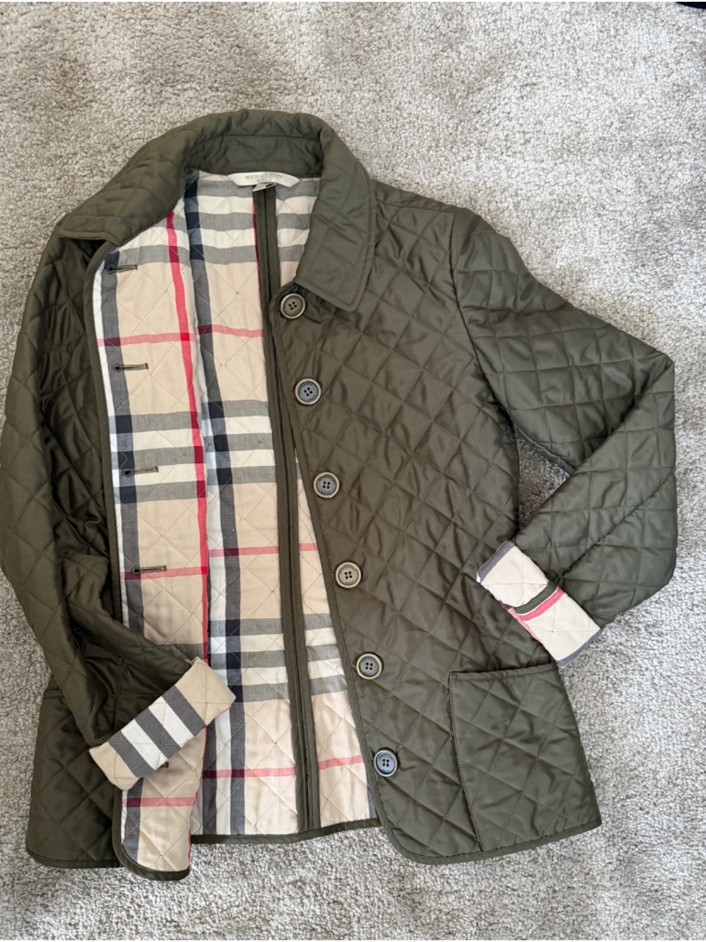 Burberry Beige and Olive Quilted Plaid Jacket Interior - Picture 6 of 7